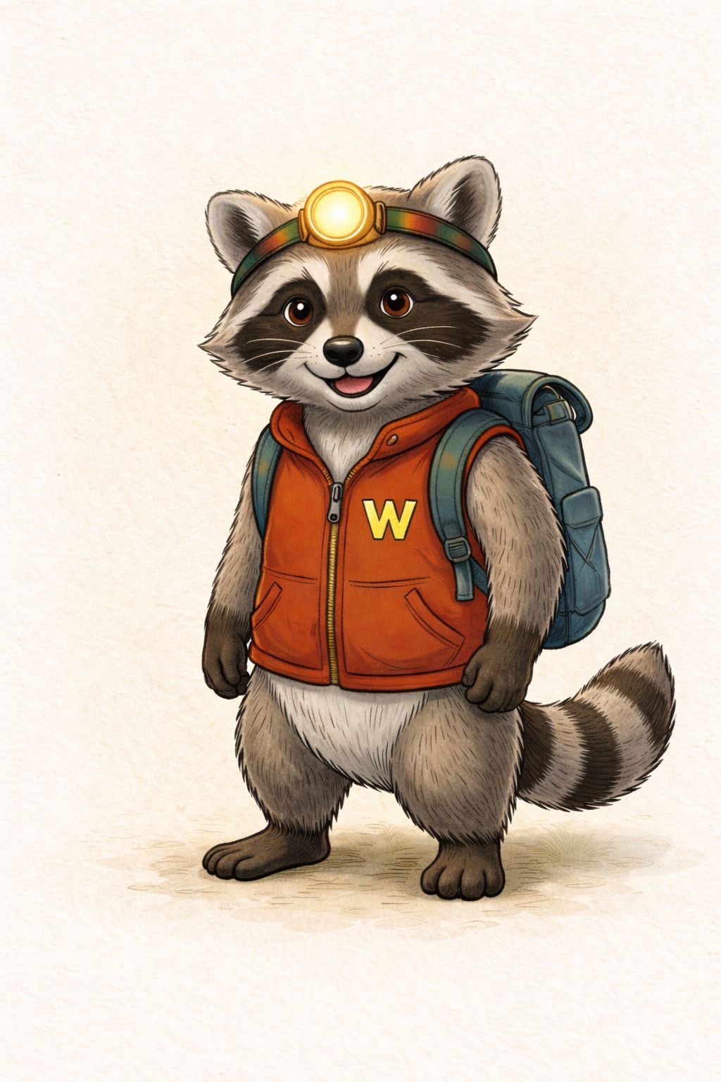 Willi Wachsam mit Rucksack und Stirnlampe